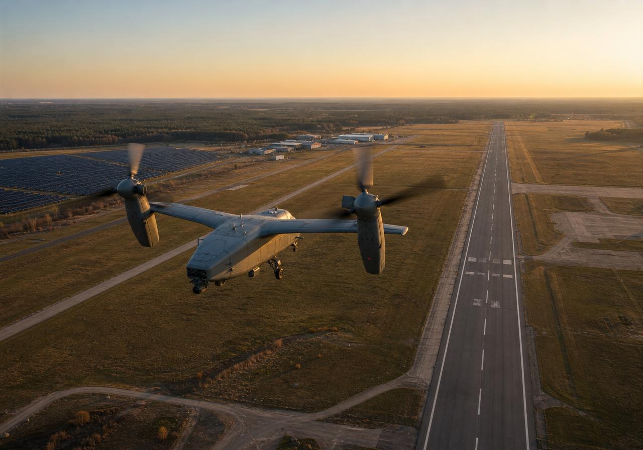 VTOL-Drohne im Testflug über dem ehemaligen Militärflugplatz Neuhardenberg in Brandenburg, lange Hartbahn und flache Landschaft im Abendlicht.