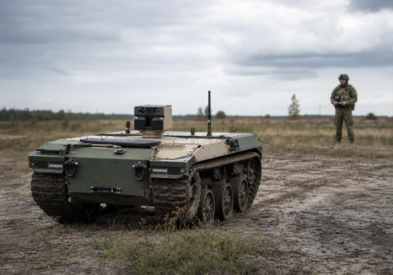 Getracktes unbemanntes Bodenfahrzeug (UGV) bei einer Geländeerprobung auf einem Testgelände in Brandenburg, im Hintergrund ein einzelner Soldat.